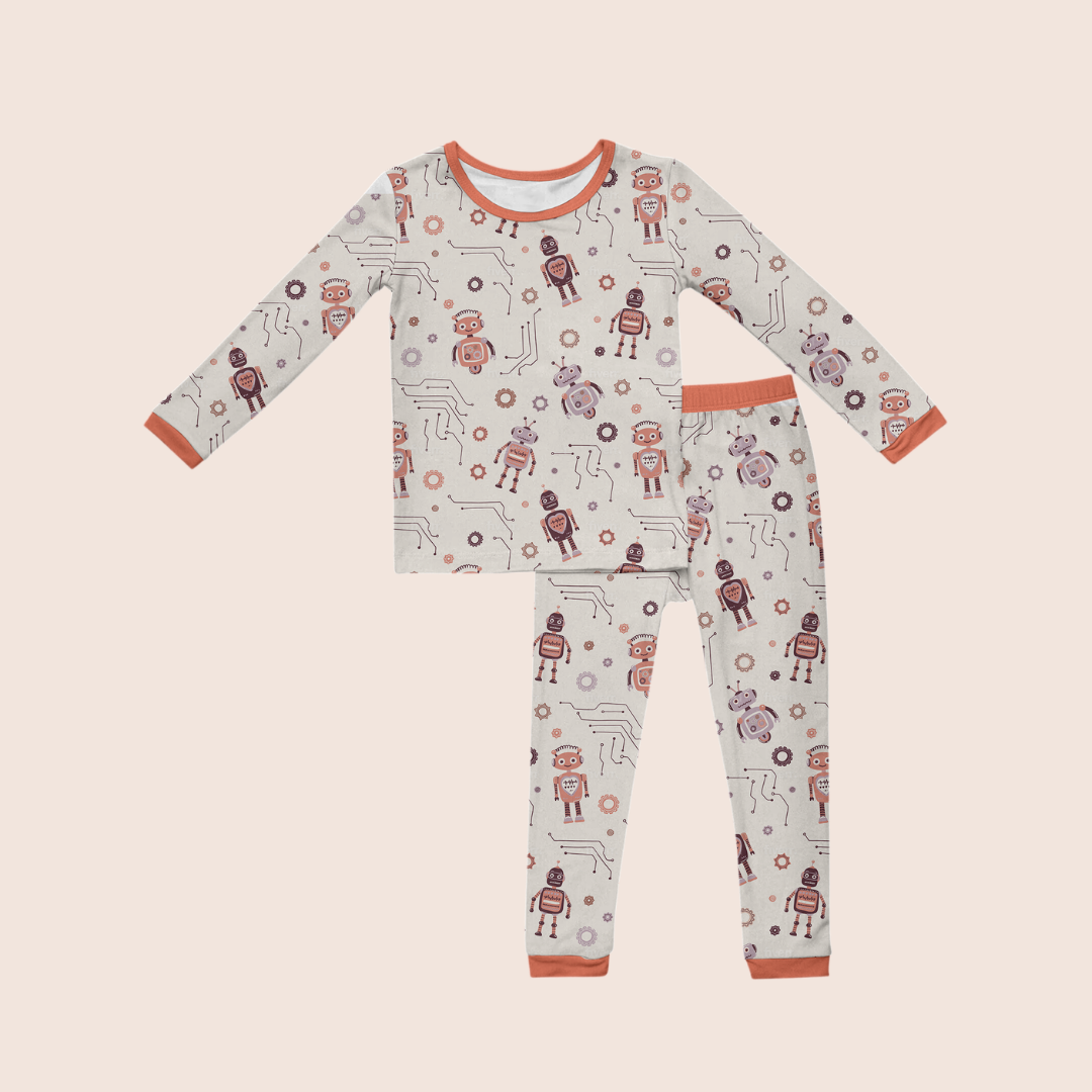 Robot toddler pyjamas flat lay — organic cotton two-piece set