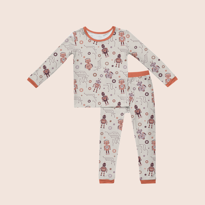Robot toddler pyjamas flat lay — organic cotton two-piece set