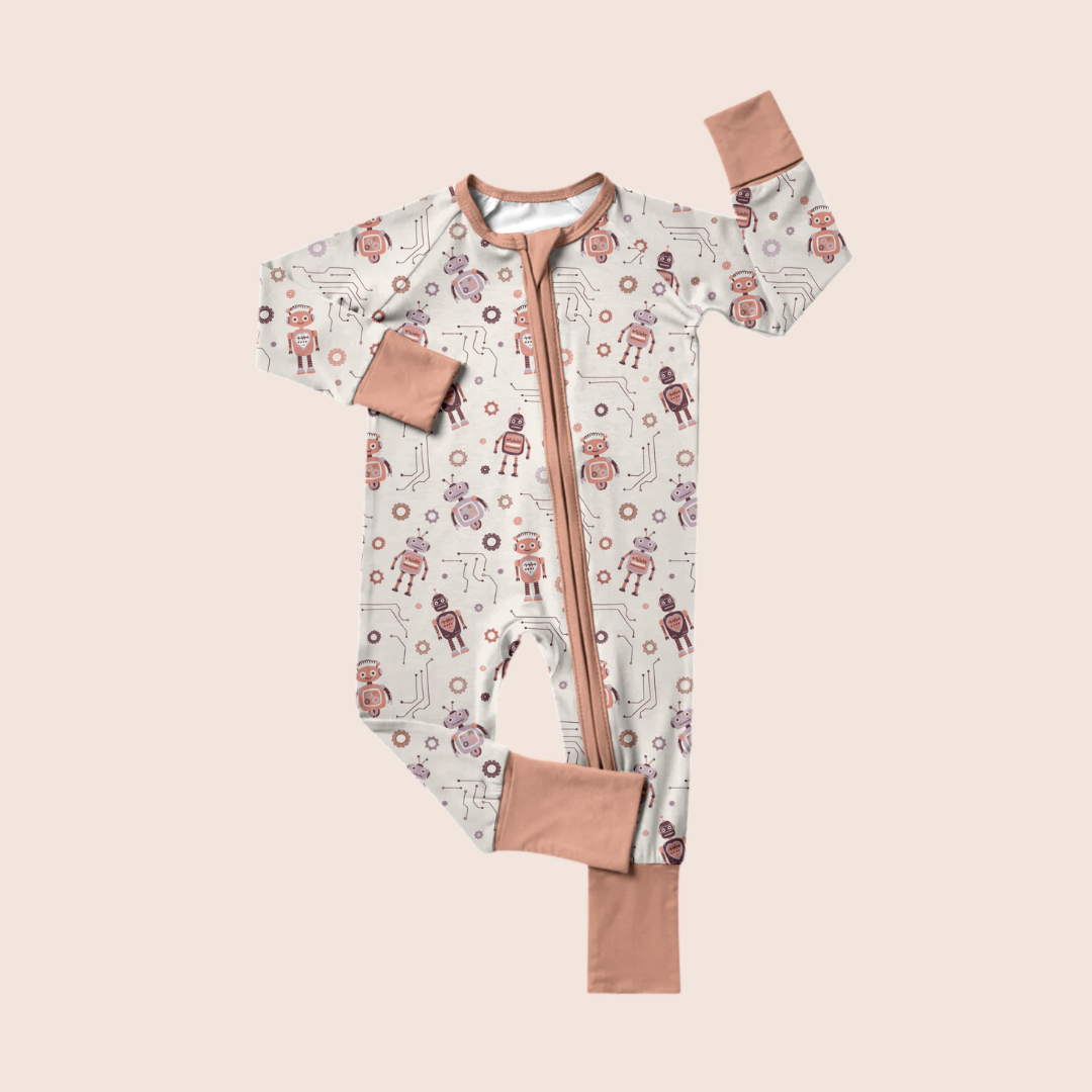 Baby wearing robot-themed onesie — The Lovelace organic cotton bodysuit