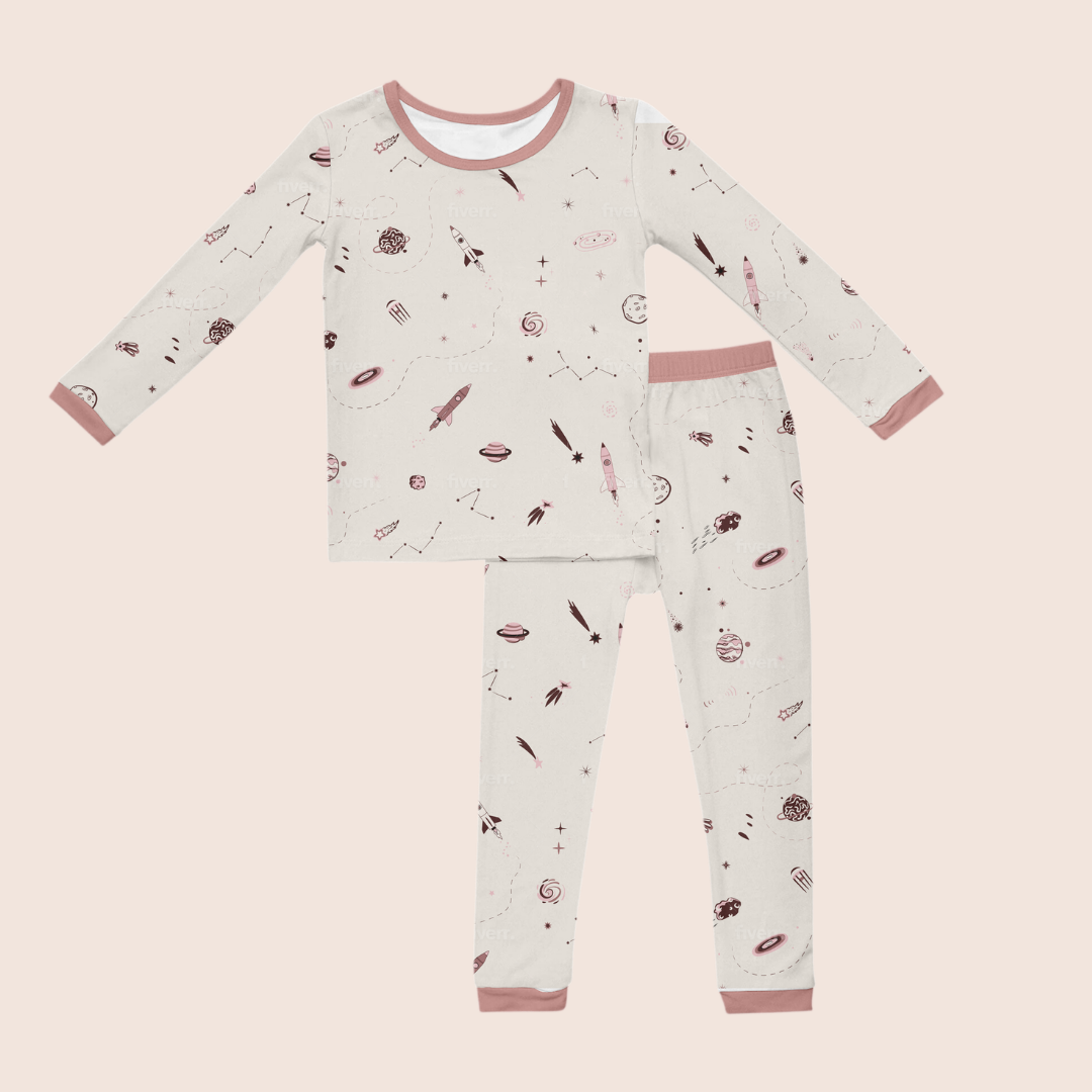 Space toddler pyjamas flat lay — The Bondar two-piece set by Stemmewear