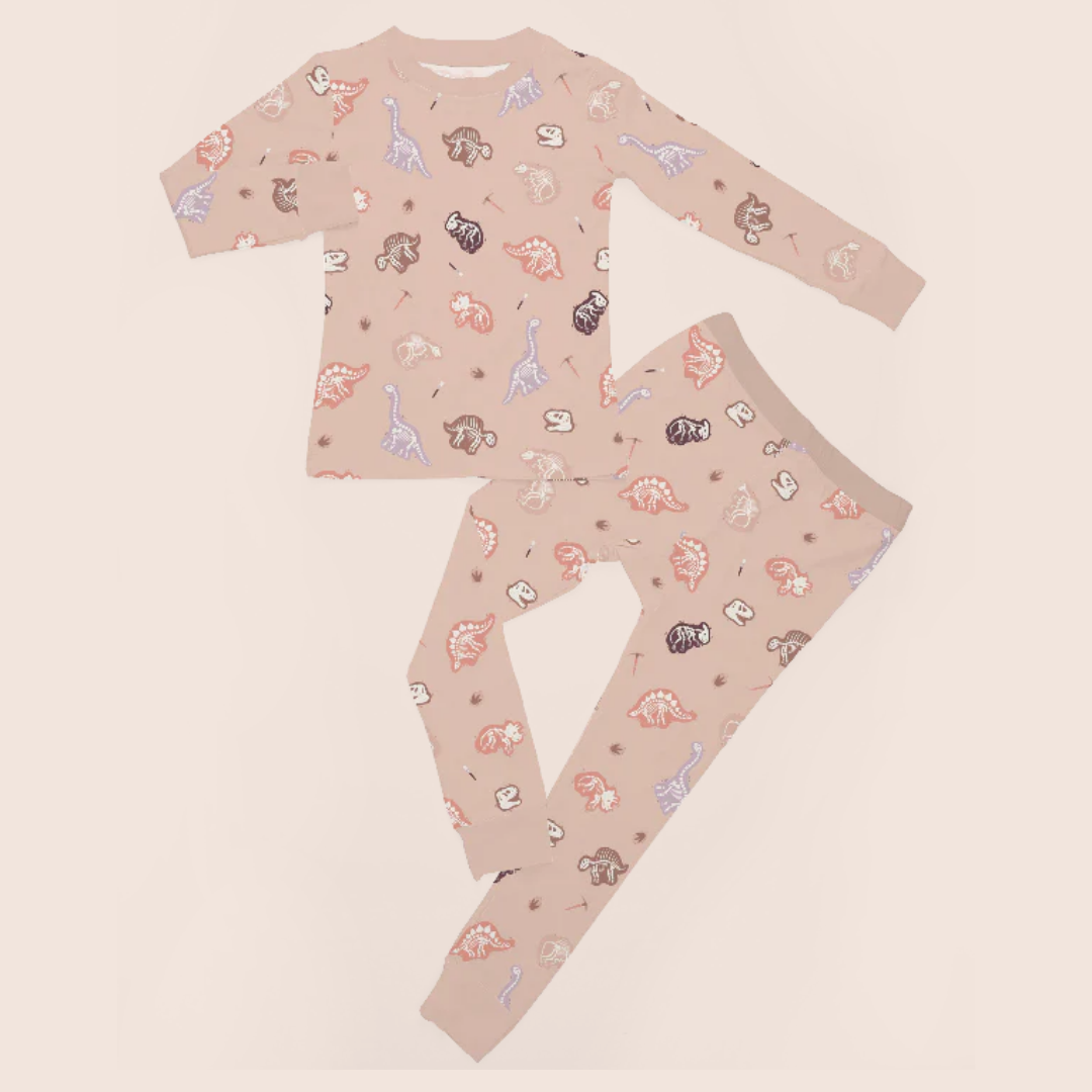 Dinosaur toddler pyjamas flat lay — organic cotton two-piece set