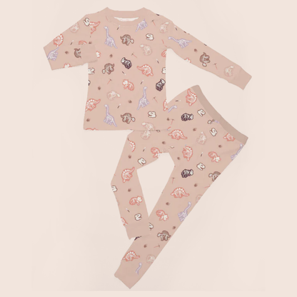 Dinosaur toddler pyjamas flat lay — organic cotton two-piece set