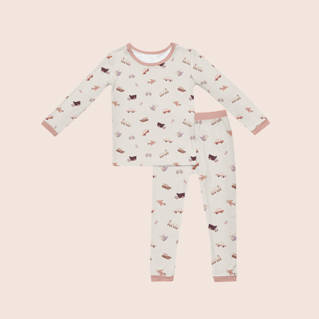 Transportation toddler pyjamas flat lay — organic cotton two-piece set