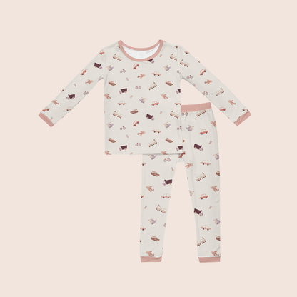 Transportation toddler pyjamas flat lay — organic cotton two-piece set