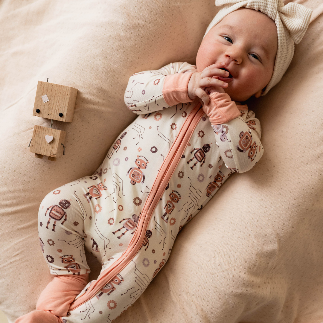 Robot-themed baby onesie front view — The Lovelace collection by Stemmewear