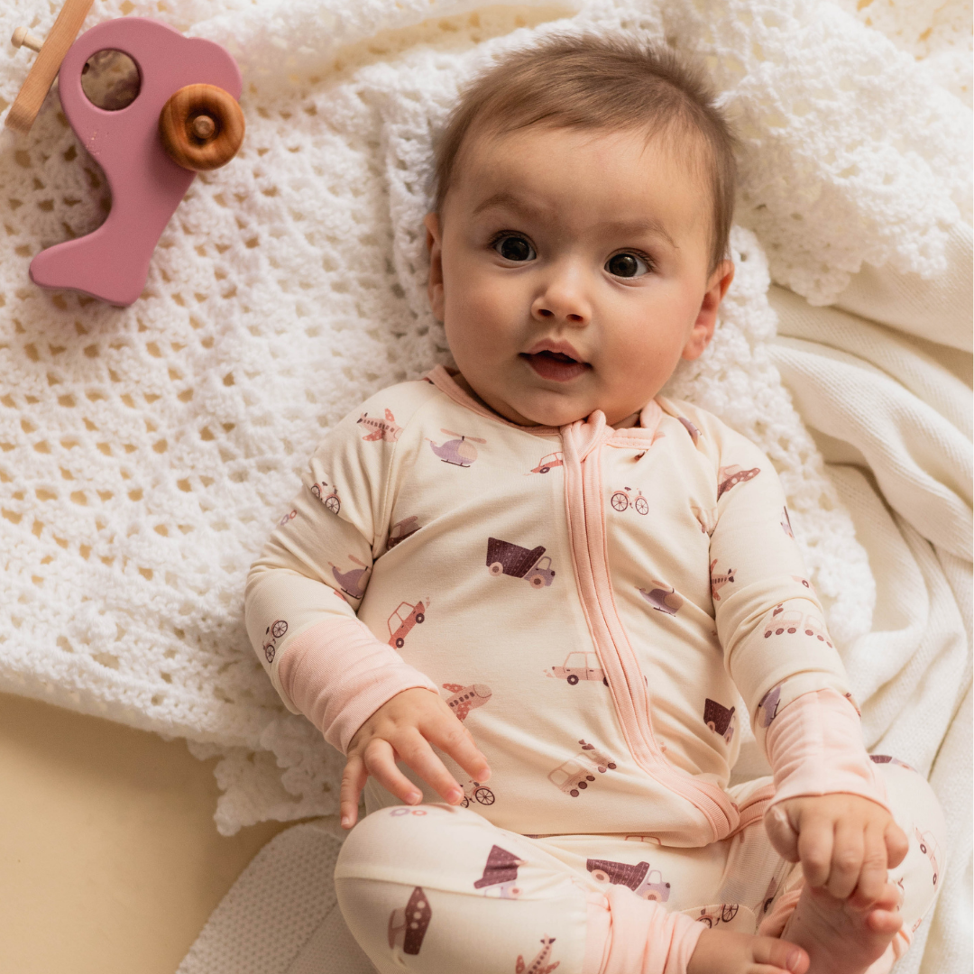 Transportation-themed baby onesie front view — The Earhart collection by Stemmewear