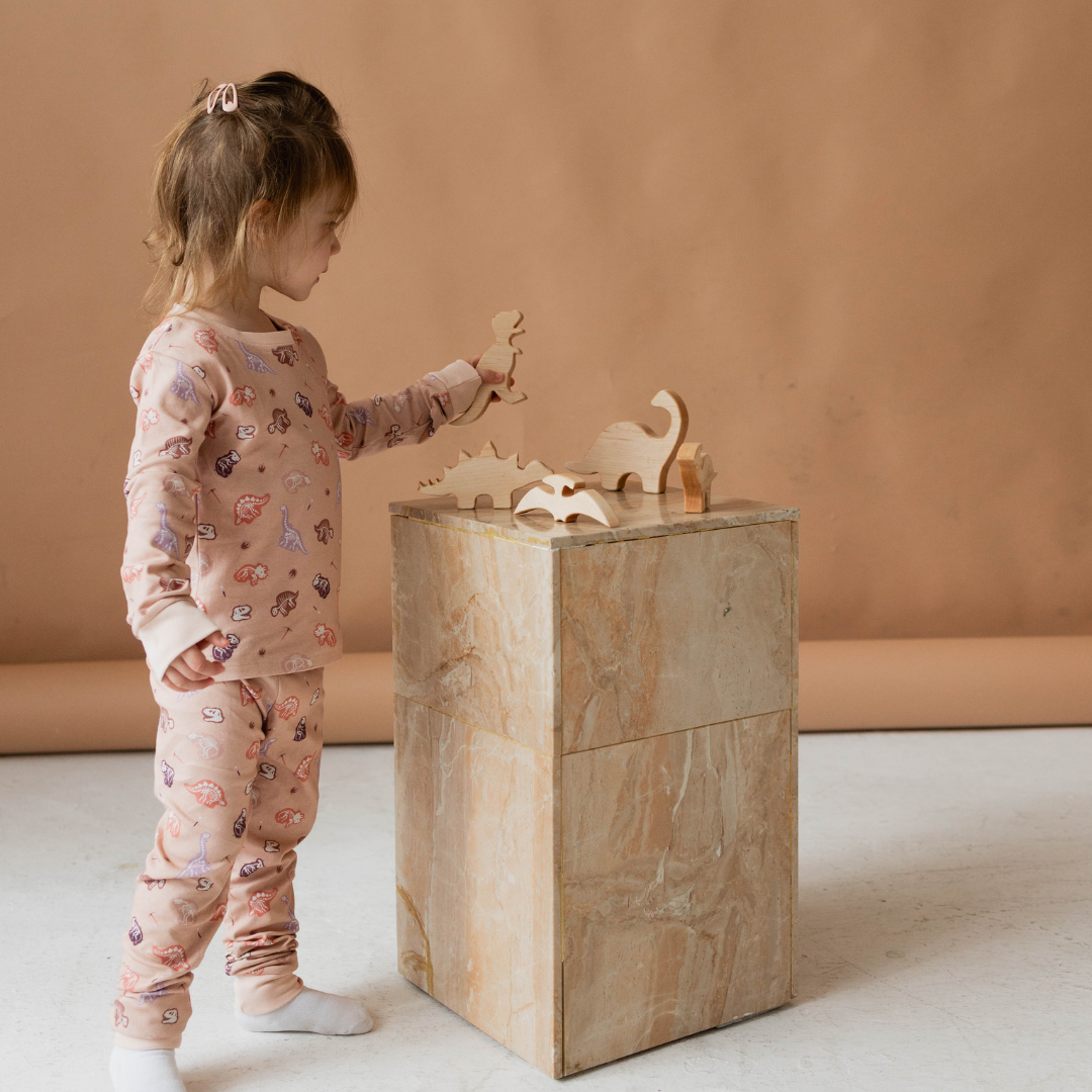 Toddler wearing dinosaur-themed pyjamas — The Anning STEM sleepwear