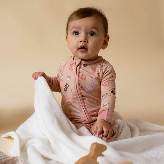 Dinosaur-themed baby onesie front view — The Anning collection by Stemmewear