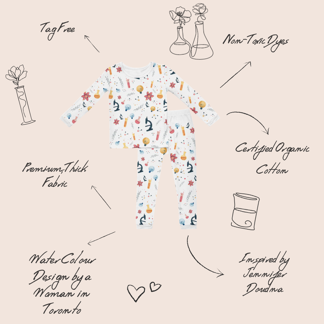 Genetics toddler pyjamas back view — Jennifer Doudna inspired print