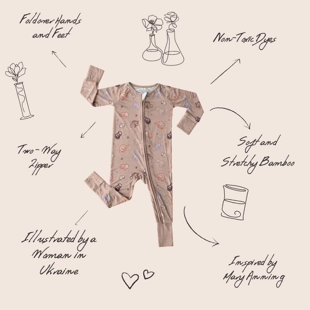 Dinosaur baby onesie back view — Mary Anning inspired design