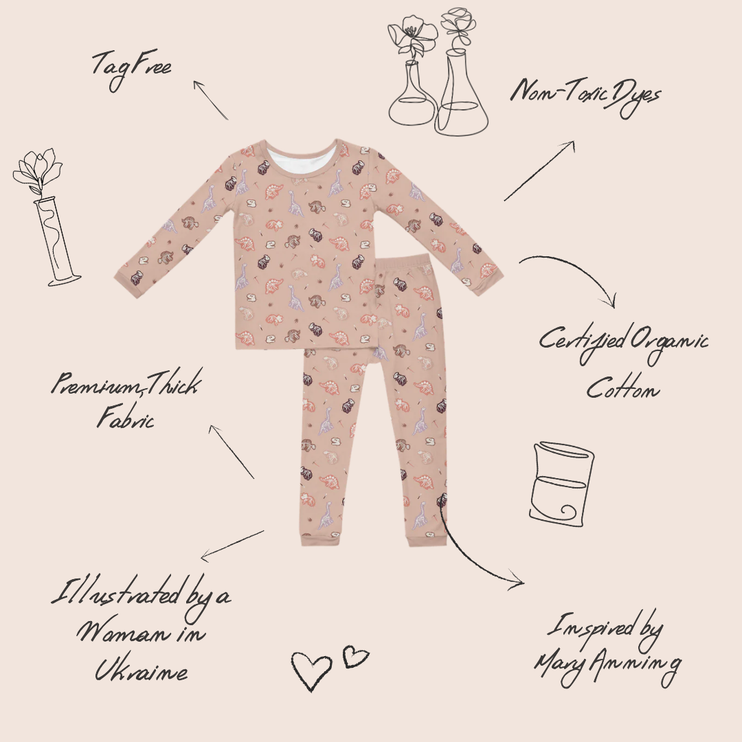 Dinosaur toddler pyjamas back view — Mary Anning inspired print