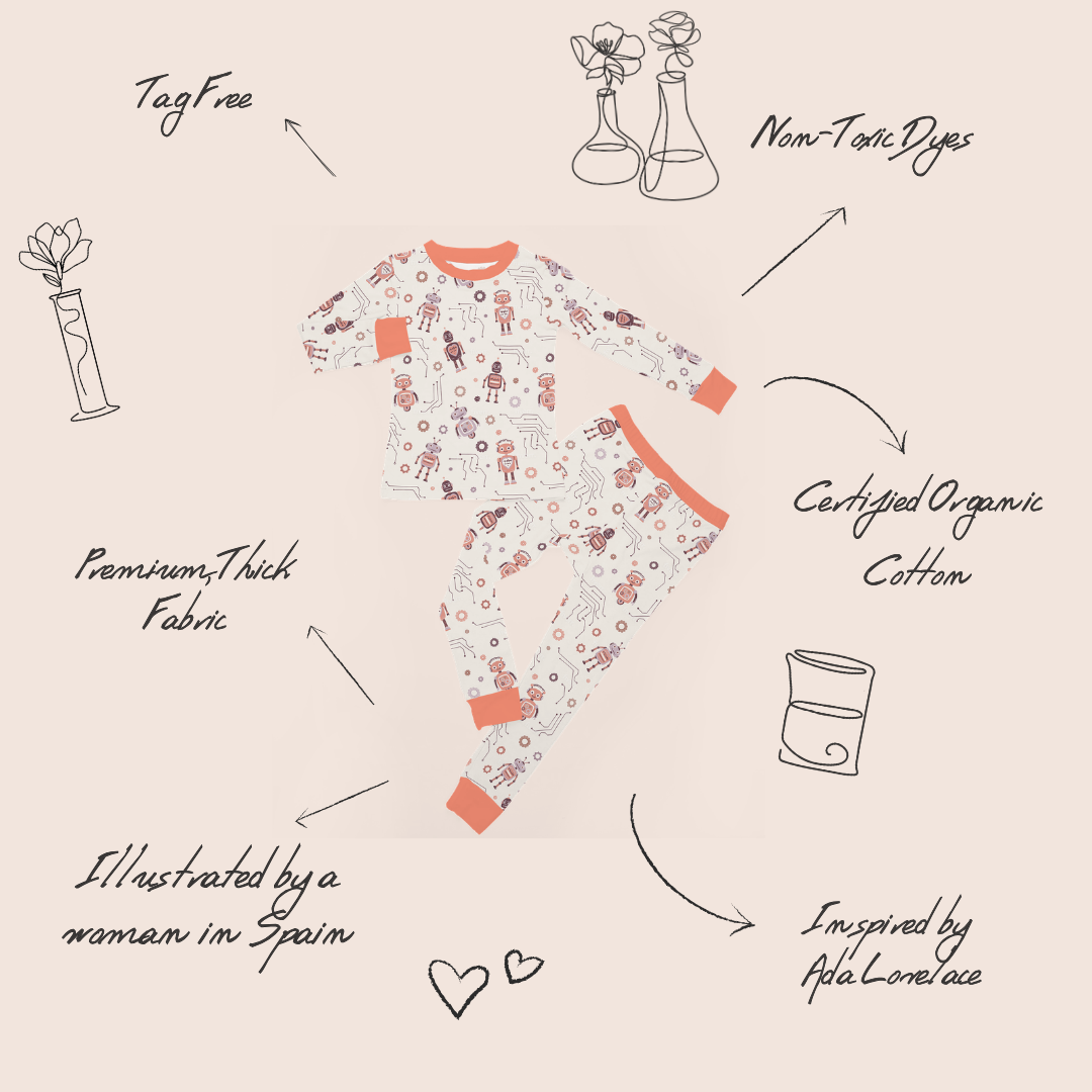 Robot toddler pyjamas back view — Ada Lovelace inspired print
