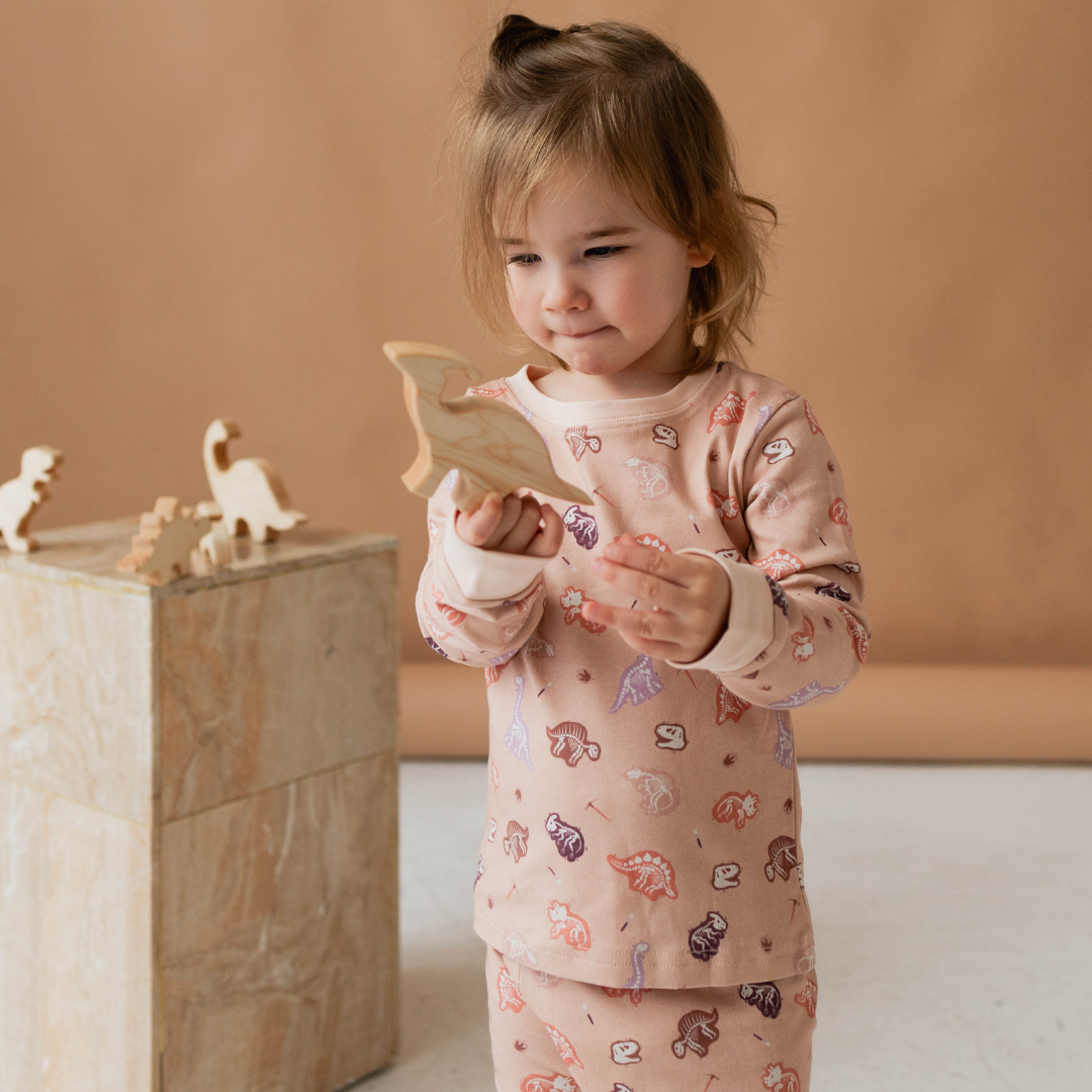 Dinosaur toddler pyjamas close-up — fossil and dinosaur pattern detail