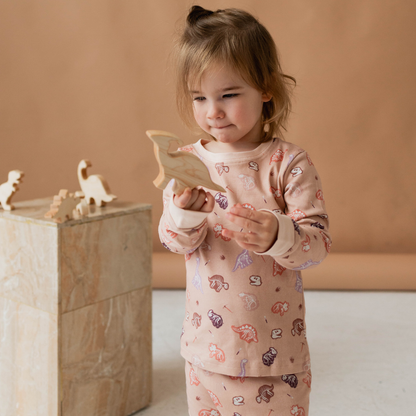 Dinosaur toddler pyjamas close-up — fossil and dinosaur pattern detail