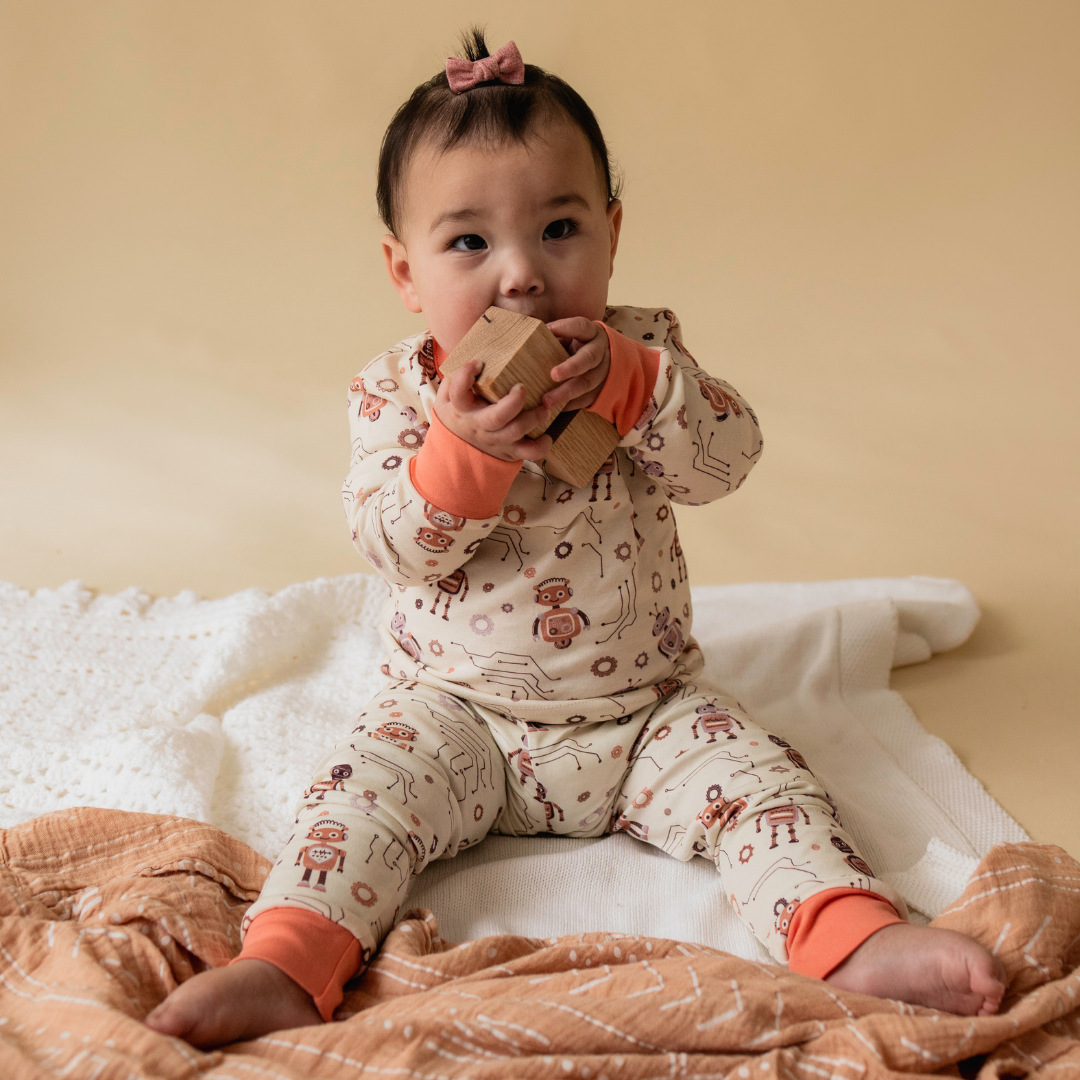 Robot toddler pyjamas lifestyle — The Lovelace collection by Stemmewear